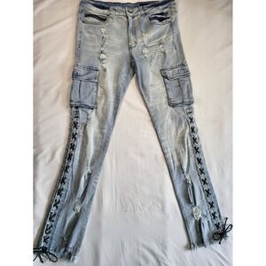 Y2K Rockstar Original Honor Mens Distressed Lace Up Cargo Jeans Light Blue 34